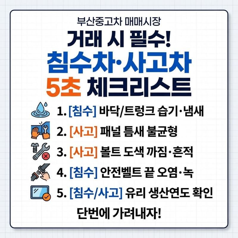 부산중고차 매매시장 거래 시 침수차·사고차 단번에 가려내는 5초 체크리스트