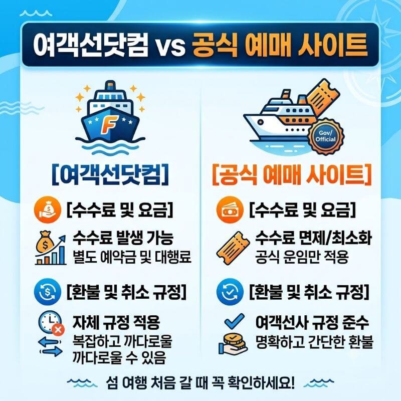 여객선닷컴 vs 공식 예매 사이트 섬 여행 처음 갈 때 수수료와 환불 규정 비교