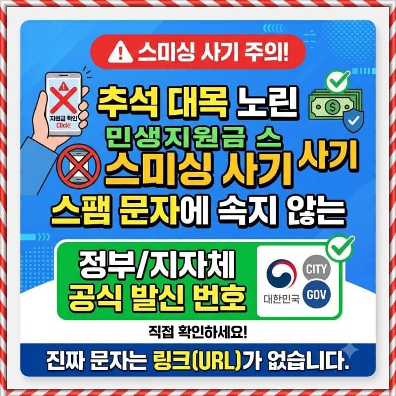 추석 대목 노린 민생지원금 스미싱 사기 스팸 문자에 속지 않는 정부지자체 공식 발신 번호